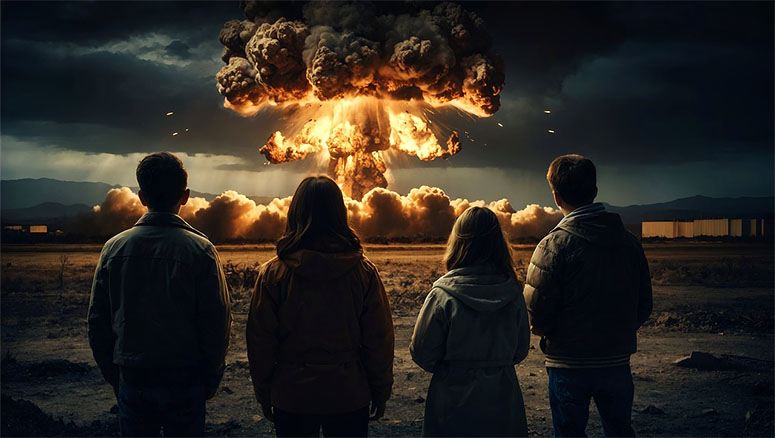 A nuclear bomb explodes in front of a kids