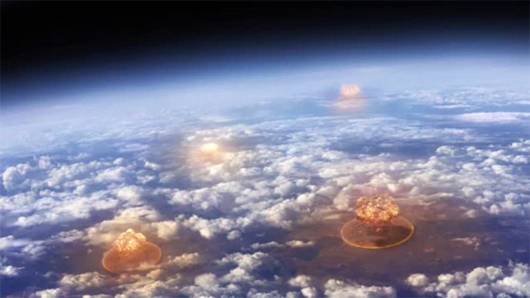 Planet earth from the space shows exploding of a nuclear bombs