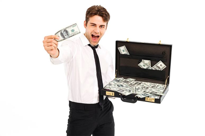 Man with briefcase showing money