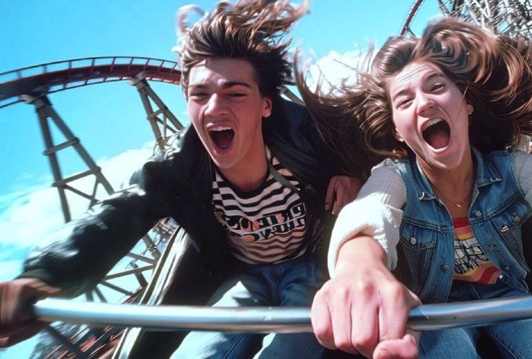 Boy and girl screaming while riding on a roller coaster