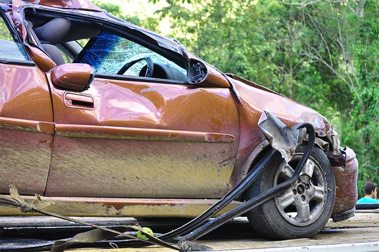 Crashed car on a platform