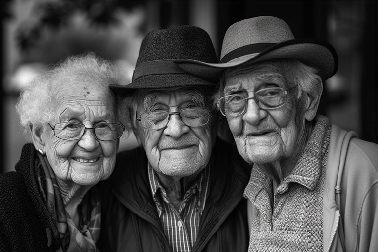 Black and white photo of three elderly friends