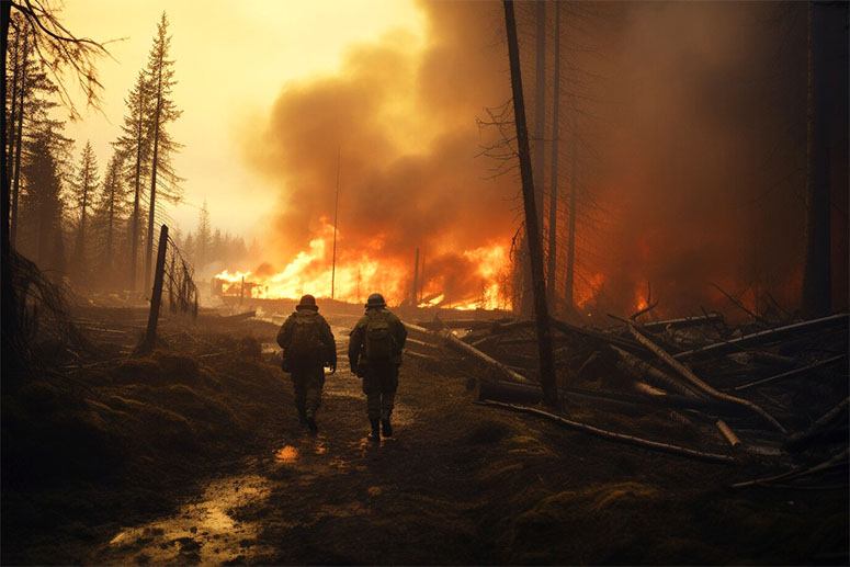 2 Guys walk into a forest where there is a burning house