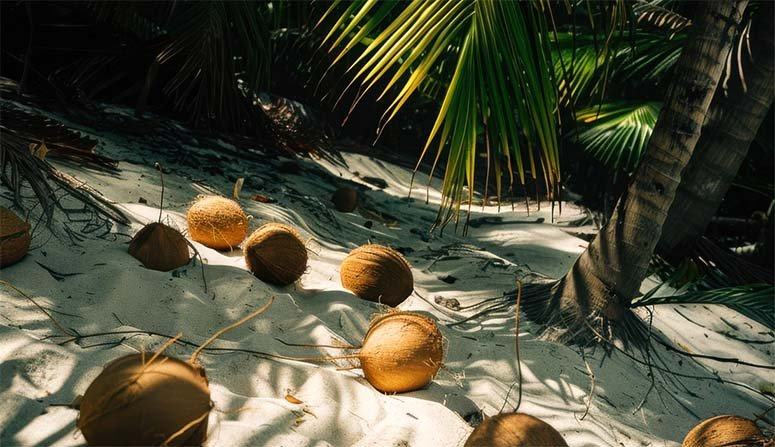 Many coconuts on the sand