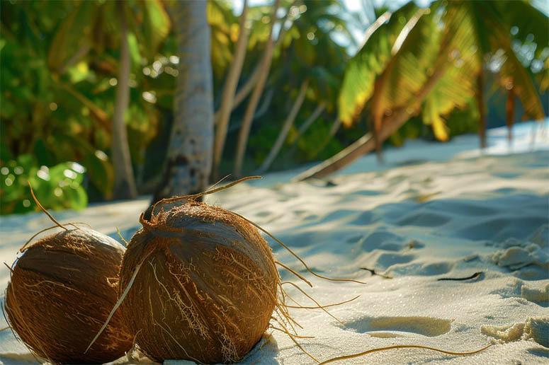 Two coconuts lay down on the beach