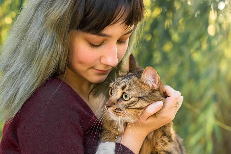 Close-up of a woman hugging a kitten