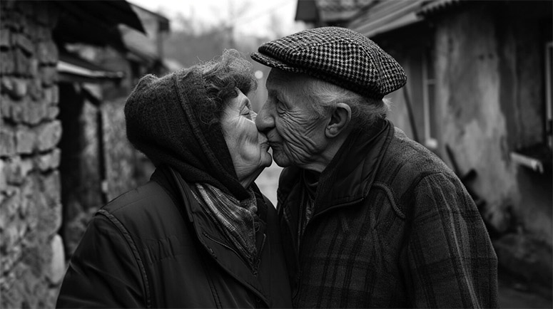 Very old couple kissing each other