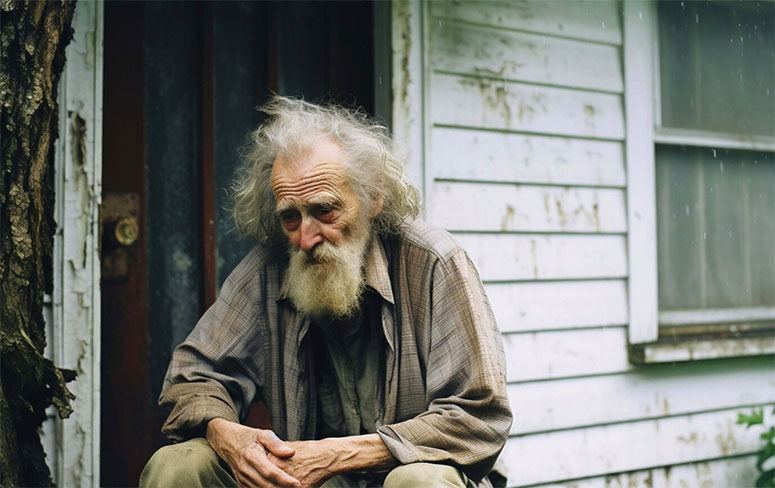 Stressed homeless man in front of a house