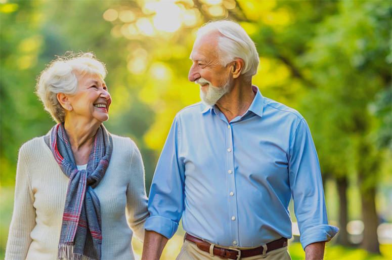 A very old couple walking in the nature